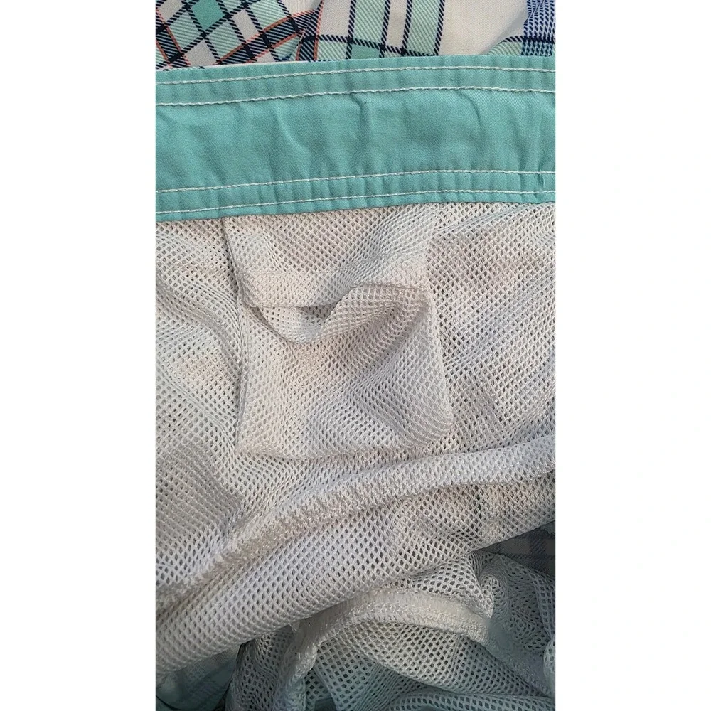 Merona Men's Plaid Swim Trunks Teal Blue White Board‎ Shorts Size Large